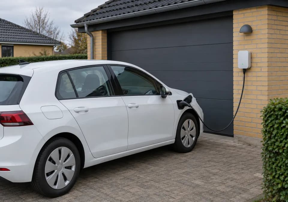En hvid elbil lader ved en ladeboks på en garagemur af gule mursten