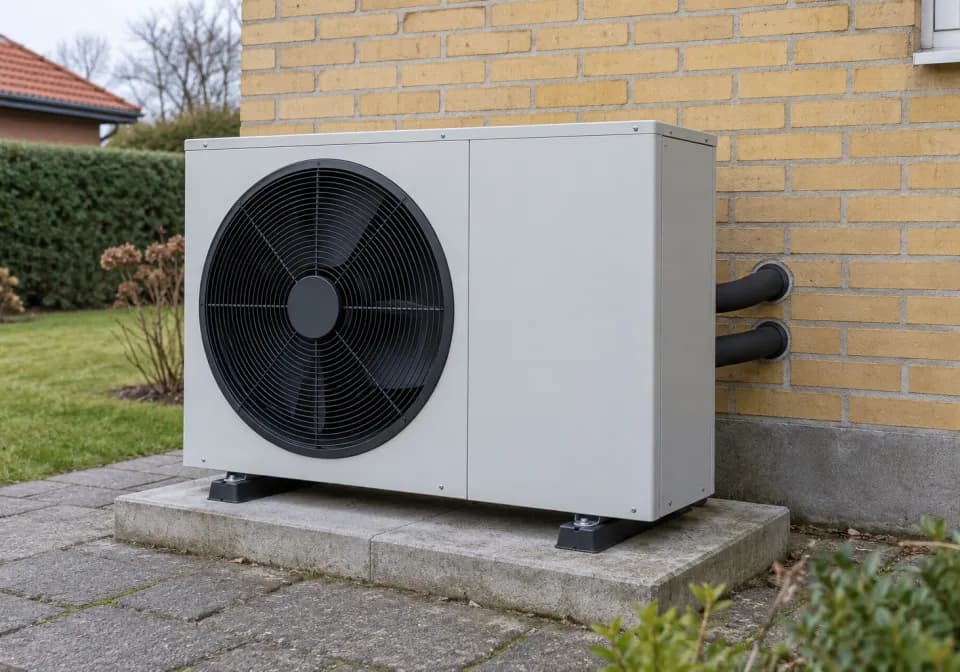 Udedelen til en luft-til-vand-varmepumpe ved en gul murstensvæg